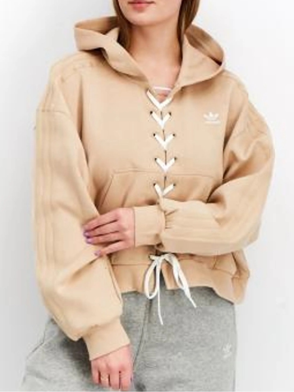 Adidas Women’s Beige Lace Up Front Cropped Oversized Hoodie Large